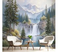 Watercolor Forest Painting Murals,Mountain Ranges Waterfalls Wall Mural Wallpaper, Olive Green Wallpaper for Bedroom Living Room 350 × 256 cm Artwork Background Wall Stickers (Not Self-Adhesive)