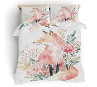 Watercolor Fox Duvet Cover King Size, Floral Botanical Print Bedding Set, Soft Microfiber Boys Girls Kids Comforter Cover with 2 Pillowcases, with Zipper Closure & Corner Ties
