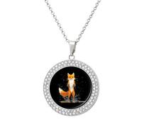 Watercolor Fox Shiny Diamond Necklace for Women Personalized Round Pendant Chain Jewel Gift
