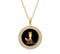 Watercolor Fox Shiny Diamond Necklace for Women Personalized Round Pendant Chain Jewel Gift