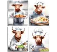 watercolor Funny Cow Canvas Wall Art,Cute Cartoon Cow Cooking Tempting Food Picture In The Kitchen,Suitable For Bedroom,Living Room, Interesting Animal Art Prints Set of 4 (8’’x10’’Inches,Unframed).