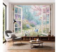 Watercolor Garden Landscape Non-Woven Wallpaper - Turquoise Springtime Flowers Trees Wall Mural For Bedroom, Living Room Background Decoration, 3D Photo Wall Paper Poster Picture 300X210Cm (Wxh)