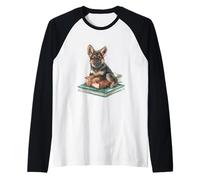 Watercolor German Shepherd Puppy on Books Dog Lover Raglan Baseball Tee