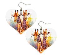 Watercolor Giraffes Leather Earrings for Women Heart Earrings Lightweight Dangle Drop Earrings Cute Jewelry Gift
