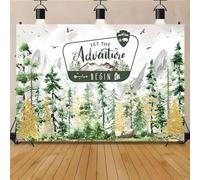 Watercolor Gold Glitter Let The Adventure Begin Backdrop Mountain Pine Tree Wilderness Background Bear Badge Woodland Adventure Baby Shower 1st Birthday Party Photography Booth Banner