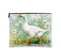 Watercolor Goose Makeup Bag, Floral Daisy Pattern Cosmetic Travel Pouch for Women, Portable Small Canvas Zipper Case, Spring Festival Skincare Organizer, White, 7x9 Inch, Goose