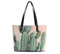 Watercolor Green Cactus Leather Tote Bag for Women Work Shoulder Purses with Zipper Waterproof Large Computer Shoulder Bag Fashion Ladies Shoulder Handbag Reusable Shopping Bags