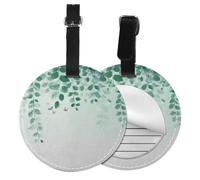 Watercolor Green Leaves Round Luggage Tag 2PCS Butterfly PU Leather Travel Bag Tag ID Labels Name Card Holder wtih Buckle for Luggage Suitcase Backpacks