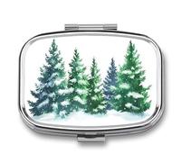Watercolor Green Pine Forest and Snow Pill Box 2 Compartment Portable Medicine Pill Case Travel Pill Organizer for Pocket Purse