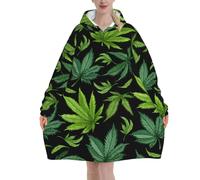 Watercolor Green Weed Leaf Oversized Women's Wearable Blanket Hoodie, Flannel Pullover Blanket, Blanket Sweatshirt