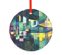 Watercolor Grid Patterned Christmas Round Glass Pendant, Christmas Tree Decoration, Birthday Gift