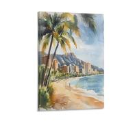 Watercolor Hawaii Painting, Honolulu Waikiki Surf Poster 08x12inch(20x30cm)