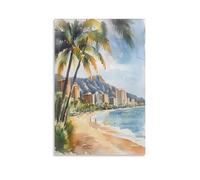 Watercolor Hawaii Painting, Honolulu Waikiki Surf Poster 12x18inch(30x45cm)