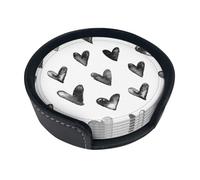 Watercolor Hearts Black White,Set of 6 Round Coasters, Pu Leather Drinks Coasters with Holder for Home Office Kitchen