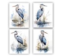 Watercolor Heron Art Print,Blue Heron Wall Art Print on Canvas,Crane with Reed Canvas Wall Art,Galapagos Bird Animal Themed Print for Bedroom Garden Farmhouse Summer Decoration,4pcs(8”X10”Unframed)