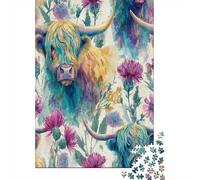 Watercolor Highland Cattle And Flowers Puzzle 70x50cm/1000pcs Puzzles, Die Für Erwachsene Und Personen Ab 14 Jahren Geeignet Sind