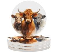 Watercolor Highland Cow Coasters for Drinks Set of 4, Absorbent Ceramic Drink Coasters with Cork Base, 4 Inch Round Cup Coaster for Coffee Tea Glasses Table Protection