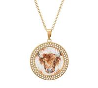 Watercolor Highland Cow Funny Necklace With Printed Pendant Novelty Diamond Jewelry for Women Men Silver/Gold