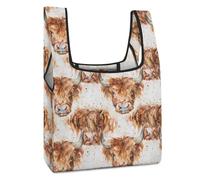 Watercolor Highland Cow Funny Reusable Grocery Bag Printed Fold-able Shopping Bags Washable Tote Lightweight Storage Pouch with Handle