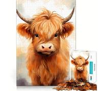 Watercolor Highland Cow Jigsaw Puzzles 1000 Mental Focus Game No Gap Tight Fitting Design Interactive Brain Challenge for Home (50x75cm)