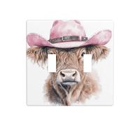 Watercolor Highland Cow Pink Cowboy Hat Double Gang Toggle Light Cover Wall Plate Switch Decor Standard Size - 11.4x11.4cm