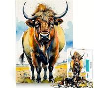 Watercolor Highland Cow Portrait Jigsaw Puzzle 1000 Think Boost Game Tight Lock No Loose Pieces Interactive Brain Challenge for Home (38x52cm)