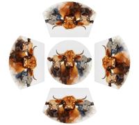 Watercolor Highland Cow PVC Wedge Placemats for Round Table Set of 5, Heat Resistant Table Mat with Centerpiece Round Mat, Washable Non-Slip Place Mats