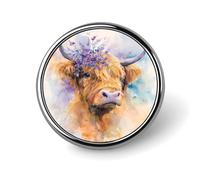 Watercolor Highland Cow Round Badge Pin Metal Memorial Brooch Button Lapel Pins for Backpack Wedding