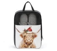 Watercolor Highland Cow with Christmas Hat Shoe Bag for Travel Daily Use Anti-dust Storage Carrier Golf Shoe Pouch