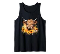 Watercolor Highland Cow with Sunflowers Floral Tank Top