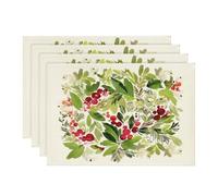 Watercolor Holly Place Mats - Vintage Linen Red Berry Leaf Pattern Square Table Mats Heat Resistant Washable Holiday Table Decor for Dining Room Kitchen Party (30x45CM 8pcs)