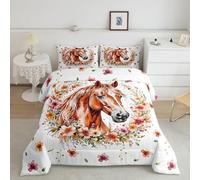 Watercolor Horse Comforter Set King Size 3 Pcs,Watercolor Vintage Flowers Plants Bedding Sets for Kids Teens Adults,Brown Wild Animal Western Rustic Style Down Comforter with 2 Pillowcases