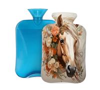 Watercolor Horse Floral Pattern Hot Water Bottle with Cover, 2L PVC Hot Water Bag for Pain Relief, Hand Foot Warmer, Hot & Cold Therapy with Removable Cover, Gift for Women Kids Family