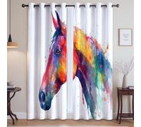 Watercolor Horse Ink Splash Drapes For Nursery or Playroom - Festive Theme Blackout Eyelet Curtains, Colorful, W52 x L90(2 Panels) 132x228cm