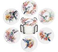 Watercolor Hummingbird Set of 6 Coasters Absorbent Ceramic Drink Mats with Cork Base & Metal Holder, Spill Protectors for Mugs/Cups, Cheerful Home/Bar Decor