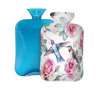 Watercolor Hummingbirds Rose Floral Hot Water Bottle with Cover, 2L PVC Hot Water Bag with Soft Cover, Reusable Heating Pad for Pain Relief Warm Hands Waist Abdomen Feet & Bed