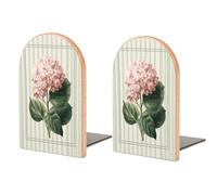 Watercolor Hydrangea Botanical Pink Flowers Wooden Bookends Shelves 2 PCS Sturdy Book Holders Desktop Organizer for Home Office Libraries