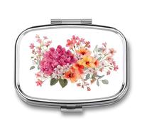 Watercolor Hydrangeas Bouquet in Hot Pink Orange Pill Box 2 Compartment Portable Medicine Pill Case Travel Pill Organizer for Pocket Purse