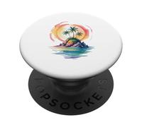 Watercolor Island Tropical Sunset Illustration PopSockets Adhesive PopGrip