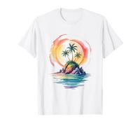 Watercolor Island Tropical Sunset Illustration T-Shirt