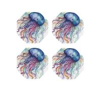 Watercolor Jellyfish Coasters for Drinks Set of 4 Non-Slip Leather Coaster Heat Resistant Drink Coaster for Tabletop Protection Absorbent Cup Mat for Coffee Table Decor, Octagon