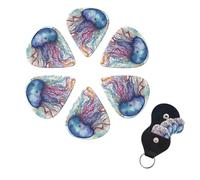 Watercolor Jellyfish Guitar Picks 6 Pack 3 Different Thickness Celluloid Guitar Plectrums with Guitar Pick Holder Personalized Guitar Pick for Acoustic Guitar, Electric Guitar, Bass 0.71mm