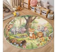 Watercolor Jungle Animals Washable Round Rug 120cm | Lion Elephant Monkey Circle Rugs, Non Slip Circle Area Rugs for Kids Room, Bedroom and Playroom Decor Floor Mat, Forest Green