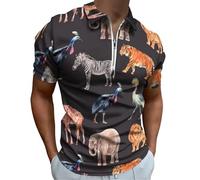 Watercolor Jungle Safari Animals Polo Shirt for Men Casual Zipper Collar T-shirts Golf Tops Slim Fit