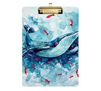 Watercolor Killer Whale Fishes Plastic Clipboard A4 Letter Size PVC Writing Board with Low Profile Gold Metal Clip Hardboard for School, Office 12.5x9 Inch