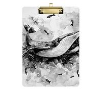 Watercolor Killer Whale Fishes Plastic Clipboard A4 Letter Size PVC Writing Board with Low Profile Silver Metal Clip Hardboard for School, Office 12.5x9 Inch
