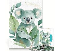 Watercolor Koala with Green Leaves Jigsaw Puzzle 1000 Recall Fun Play Advanced Laser Cutting Tech Holiday Indoor Entertainment Toy (50x75cm)