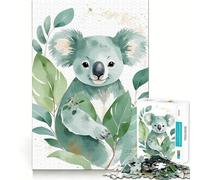 Watercolor Koala with Green Leaves Jigsaw Puzzles for Adults 1000 Mind Boost Game Uniform Size Precise Pieces Travel-friendly Brain Game Gift (38x52cm)
