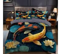 Watercolor Koi Cot Bed Duvet Cover Set Lotus Pond Landscape Toddler Bedding Sets Girls Boys Kids Soft Easy Care Bed Microfibre Quilt Cover 120x150 cm with Pillow Case
