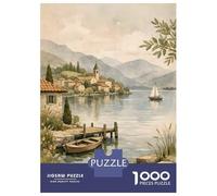 Watercolor Lake Scene with Village Jigsaw Puzzle 1000 Pieces, Landmark Urban View, Thick Cardboard Pieces for Puzzle Lovers, Relaxing Challenge, 52x38cm/1000pcs